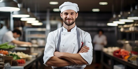 Fototapeta premium Proud male chef confidently standing in commercial kitchen with folded arms. Concept Cooking, Confidence, Leadership, Professionalism, Commercial Kitchen