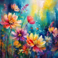 Colorful painting of flowers. Abstract art background. Colorful flowers. Made with Generative AI.