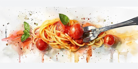 Delicious spaghetti with meatballs, garnished with fresh basil on a white plate, with splashes of tomato sauce.