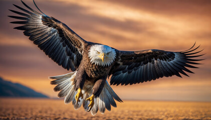 Fototapeta premium American bald eagle in flight at sunset, close-up