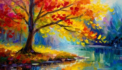 Painting of a tree with colorful flowers in the autumn season. Oil color painting. Generative AI.