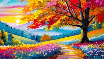 Painting of a tree with colorful flowers in the autumn season. Oil color painting. Generative AI.