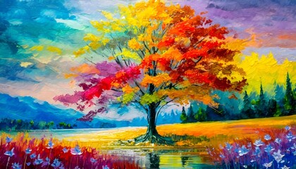 Painting of a tree with colorful flowers in the autumn season. Oil color painting. Generative AI.