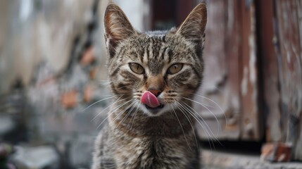 Stray cat from the neighborhood sticking out its tongue in front of the camera
