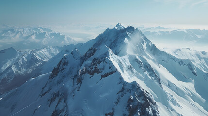 A photo featuring snow-covered Alpine peaks captured from an aerial perspective with a drone. Highlighting the rugged, icy terrain of the mountains, while surrounded by a blanket of pristine snow