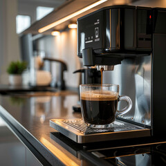 Close-up of a coffee machine with a cup of coffee. Professional coffee brewing. Preparation of fresh delicious natural coffee.