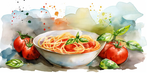 Watercolor painting of a delicious pasta dish with tomatoes and basil, showcasing Italian cuisine in a vibrant artistic style.