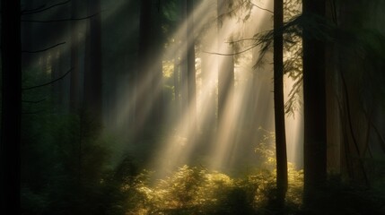 Misty Forest Morning.  A mysterious misty forest in the early morning, light beams filtering through dense trees creating beautiful shadows and highlights