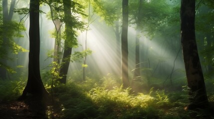 Obraz premium Misty Forest Morning. A mysterious misty forest in the early morning, light beams filtering through dense trees creating beautiful shadows and highlights