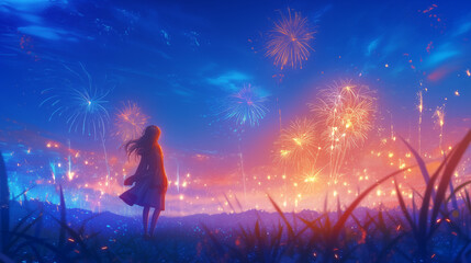 Naklejka premium 星空に響く花火の夢