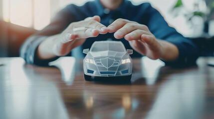 Hands creating a protective gesture over a car, representing the concept of car insurance and security for vehicles.