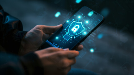A person holding a smartphone displaying a digital lock and shield, representing the concept of mobile security and data protection.