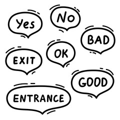 Speech balloon with commonly used word, line hand drawn doodle. Talk bubble frame, dialog box, cloud with text. Yes, no, exit, entrance. Scribble simple line. Vector illustration
