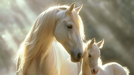 Beautiful white horse with her baby foal, sunlight shining on them. Outdoor nature background. Parenthood concept.
