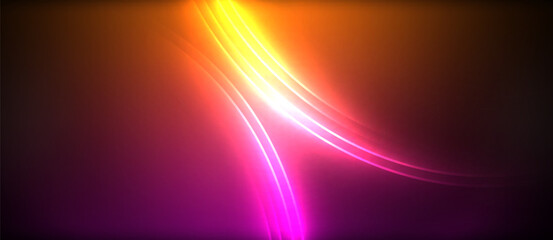 Neon glowing circle rays, light round lines in the dark, planet style neon wave lines. Energetic electric concept design for wallpaper, banner, background