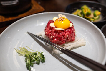 Korean traditional raw beef dish Yukhoe

