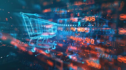 An abstract online shopping background featuring a holographic shopping cart icon with holographic code elements, symbolizing the interconnectedness of digital technology.