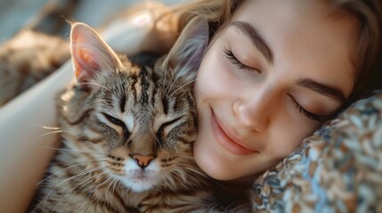Beautiful woman with her cat, smiling and napping together, indoor background.