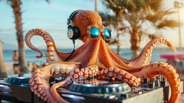 Octopus DJ Wearing Sunglasses And Headphones, Mixing Music At A Vibrant Beach Party