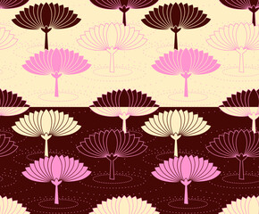 lotus pond seamless pattern with water waves in pink brown shades