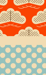 japanese style greeting card pine tree polka dots red blue ivory