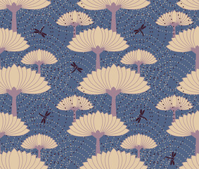 lotus pond with dragonfly seamless pattern in blue ivory brown