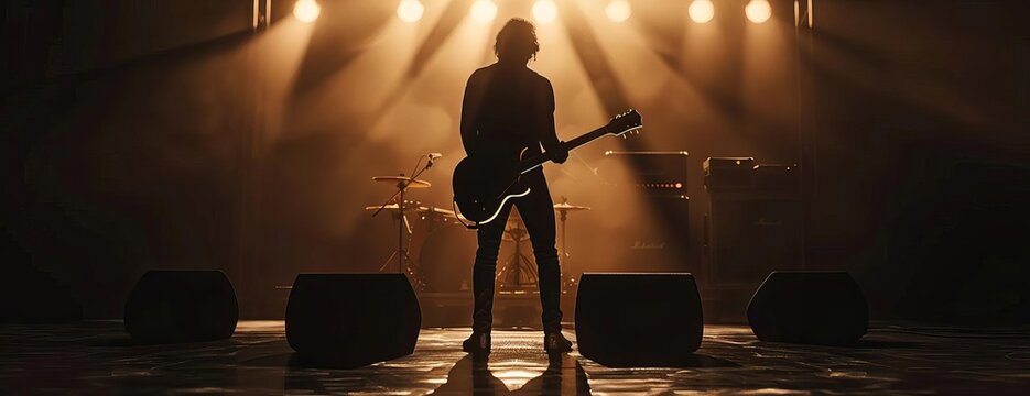 A rock star on stage, playing guitar in front of a cheering crowd. The stage is lit up with bright lights.