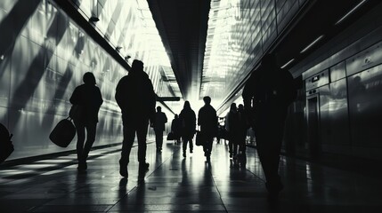 A dynamic shot of silhouetted figures walking with purpose through the corridors of a major railway terminus, emphasizing the scale and anonymity of the space.