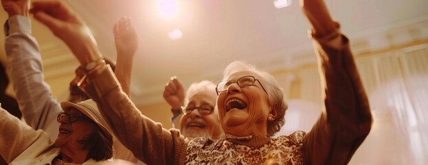 A group of elderly people are having a party and are very excited. They are all laughing and cheering.