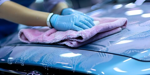 Fototapeta premium A person meticulously polishing a car with a soft microfiber cloth. Concept Car detailing, Vehicle maintenance, Polishing techniques, Cleaning tips, Auto care