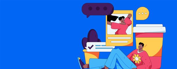 Virtual characters social communication concept business flat vector hand drawn illustration
