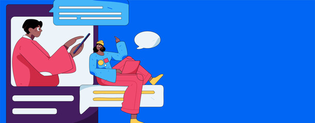 Virtual characters social communication concept business flat vector hand drawn illustration
