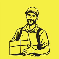 delivery man with package smiling and working vector in black for print in high quality