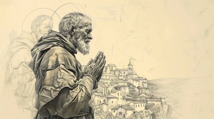 Fototapeta premium St. Drogo in Prayer in 12th-Century French Village, Biblical Illustration, Beige Background, Copyspace