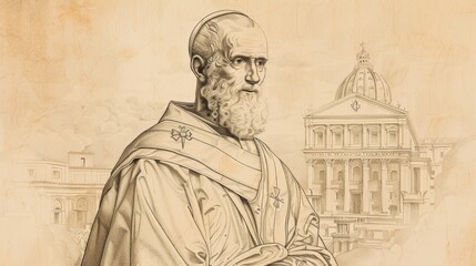 Fototapeta premium St. Damasus I in Papal Robes in 4th-Century Roman Basilica, Biblical Illustration, Beige Background, Copyspace