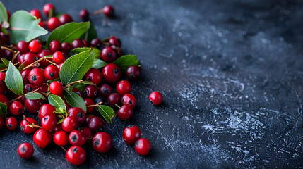 Pile of honeysuckle berries with a black marble background ai generative