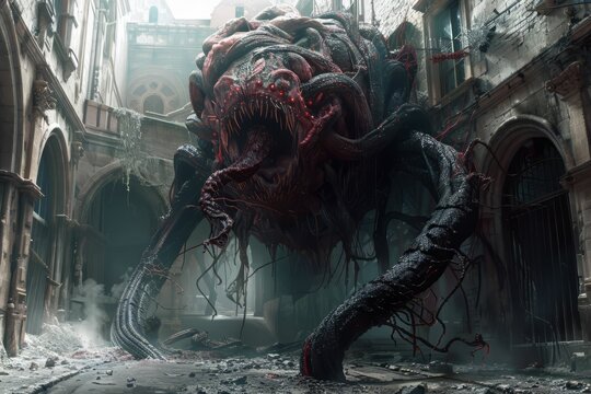 A large Lovecraftian monster with many eyes and tentacles