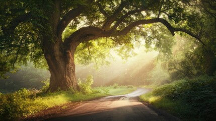Abstract background of route and journey amidst the big tree and beautiful nature .AI GENERATION