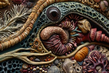 Fototapeta premium Close-up of a colorful and intricate mosaic artwork made of various materials.