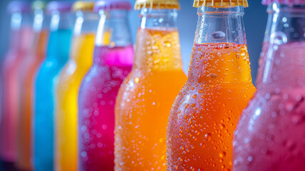 Colorful beverages in bottles with condensation, close-up.
