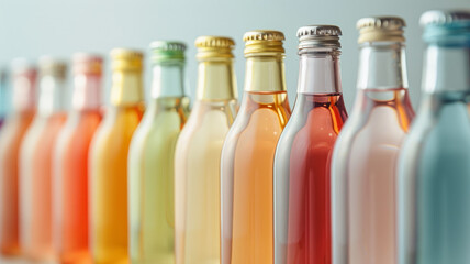 Colorful glass bottles of various beverages arranged in a row.