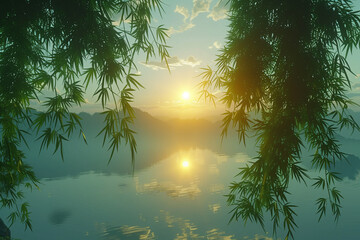 A beautiful scene of a lake with a sunset in the background. The water is calm and the trees are lush and green