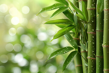 A green bamboo plant with droplets of water on it. Concept of tranquility and calmness, as the droplets of water on the leaves create a serene atmosphere