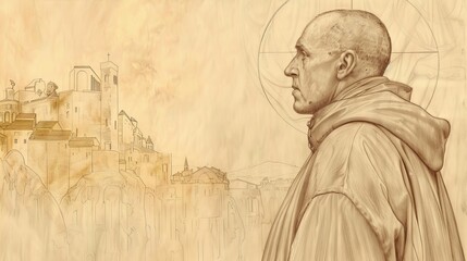 Fototapeta premium St. Bruno of Cologne in Reflection in 11th-Century French Monastery, Biblical Illustration, Beige Background, Copyspace