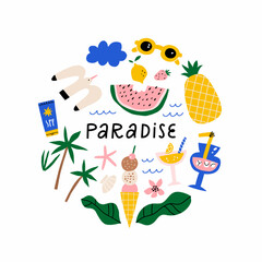 Cute hand drawn summer set fruits, ice creams, cocktails, beach items