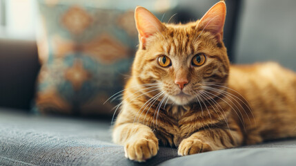 Relaxed Orange Tabby Cat Lounging on a Cozy Sofa
