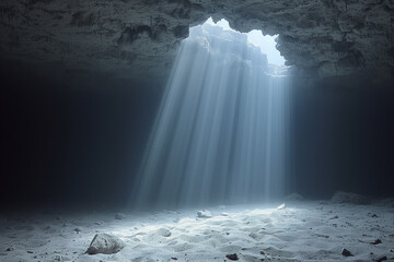 A cave with sunlight shining through a hole in the ceiling. The light is bright and warm, creating a peaceful and serene atmosphere