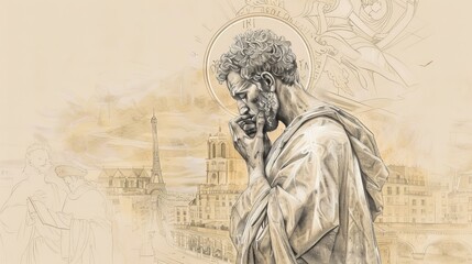 Fototapeta premium St. Denis of Paris Holding His Head in Ancient Paris, Biblical Illustration, Beige Background, Copyspace