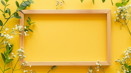 A chic wooden frame on a vibrant yellow background, with minimal green and white flowers at the corners for a touch of simplicity and style.