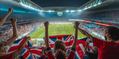 Excited soccer fans cheering in a packed stadium, waving national flags during an intense football match.